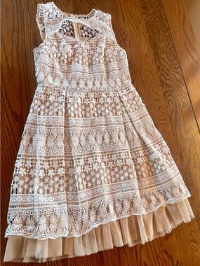 Francesca's Collections White Crochet Midi Dress with Tulle Underskirt